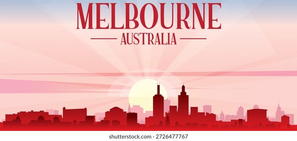 Red panoramic poster of the city skyline with misty background buildings, sunrise, moon and clouds of MELBOURNE, AUSTRALIA