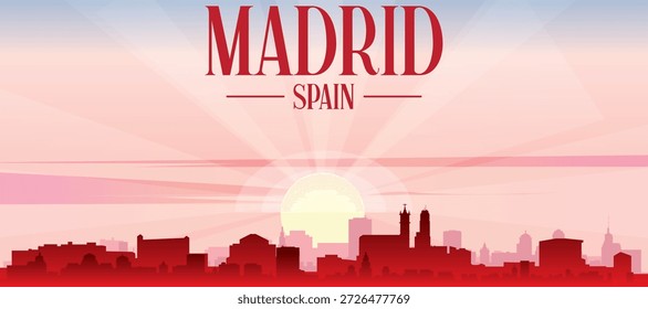 Cartel panorámico rojo del horizonte de la ciudad con edificios de fondo brumoso, amanecer, luna y nubes de MADRID, ESPAÑA