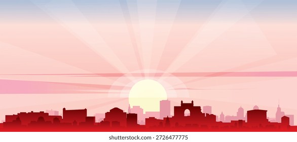 Red panoramic poster of the city skyline with misty background buildings, sunrise, moon and clouds of MUMBAI, INDIA