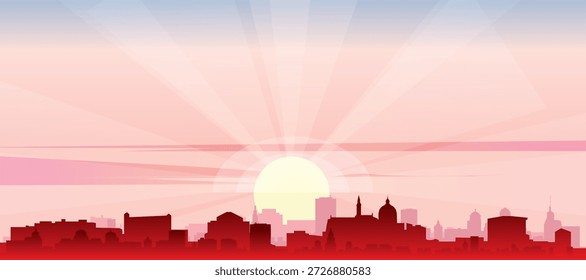 Cartaz panorâmico vermelho do horizonte da cidade com edifícios de fundo nebulosos, nascer do sol, lua e nuvens de COPENHAGUE, DINAMARCA
