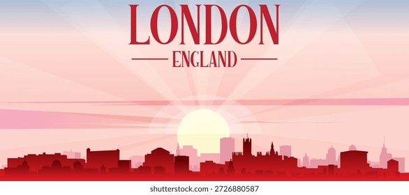 Rotes Panorama-Poster der Skyline der Stadt mit nebeligen Hintergrundgebäuden, Sonnenaufgang, Mond und Wolken von LONDON, VEREINIGTES KÖNIGREICH