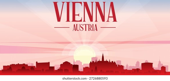 Rotes Panoramaplakat der Stadtskyline mit nebeligen Hintergrundbauten, Sonnenaufgang, Mond und Wolken von WIEN, ÖSTERREICH