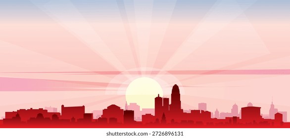 Cartel panorámico rojo del horizonte de la ciudad con edificios de fondo brumoso, salida del sol, luna y nubes de LOUISVILLE, ESTADOS UNIDOS