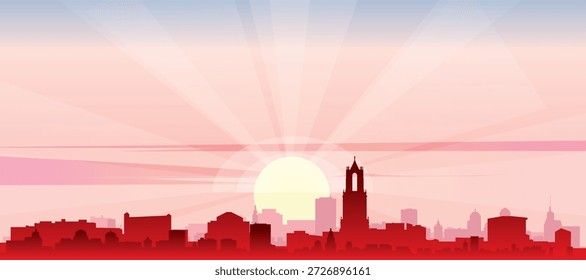 Cartel panorámico rojo del horizonte de la ciudad con edificios de fondo brumoso, salida del sol, luna y nubes de UTRECHT, PAÍSES BAJOS