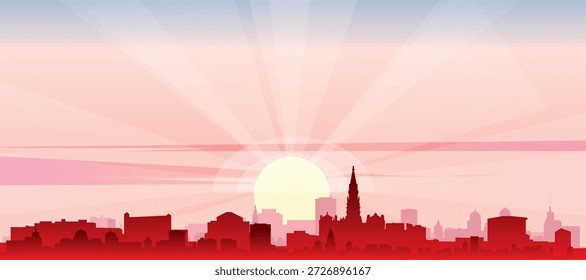 Rotes Panoramaplakat der Skyline der Stadt mit nebeligen Gebäuden, Sonnenaufgang, Mond und Wolken von BRÜSSEL, BELGIEN