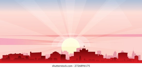 Cartel panorámico rojo del horizonte de la ciudad con edificios de fondo brumoso, amanecer, luna y nubes de SEVILLA, ESPAÑA