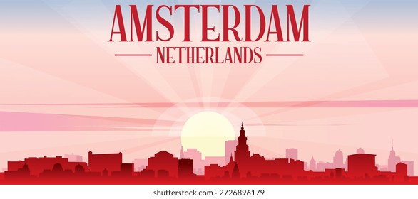 Red panoramic poster of the city skyline with misty background buildings, sunrise, moon and clouds of AMSTERDAM, NETHERLANDS