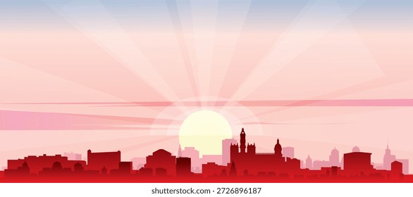 Red panoramic poster of the city skyline with misty background buildings, sunrise, moon and clouds of VALENCIA, SPAIN