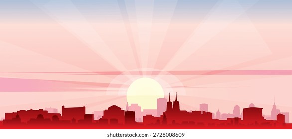 Red panoramic poster of the city skyline with misty background buildings, sunrise, moon and clouds of WROCLAW, POLAND