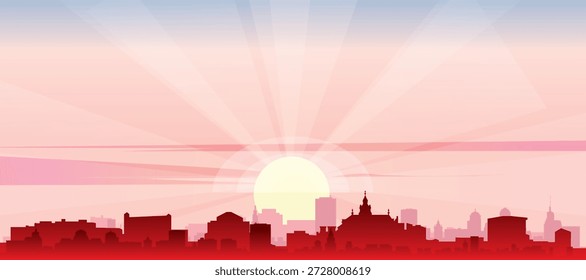 Red panoramic poster of the city skyline with misty background buildings, sunrise, moon and clouds of KRAKOW, POLAND