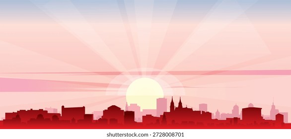 Cartel panorámico rojo del horizonte de la ciudad con edificios de fondo brumoso, salida del sol, luna y nubes de BASILEA, SUIZA