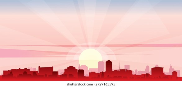 Cartel panorámico rojo del horizonte de la ciudad con edificios de fondo brumoso, salida del sol, luna y nubes de DUBLÍN, IRLANDA
