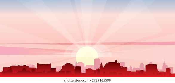 Cartel panorámico rojo del horizonte de la ciudad con edificios de fondo brumoso, salida del sol, luna y nubes de SALZBURG, AUSTRIA