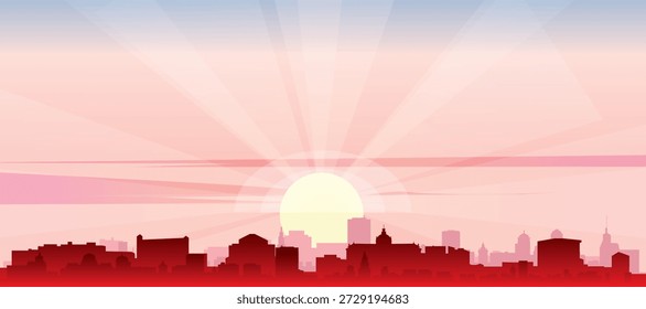 Red panoramic poster of the city skyline with misty background buildings, sunrise, moon and clouds of STRASBOURG, FRANCE