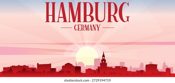 Red panoramic poster of the city skyline with misty background buildings, sunrise, moon and clouds of HAMBURG, GERMANY