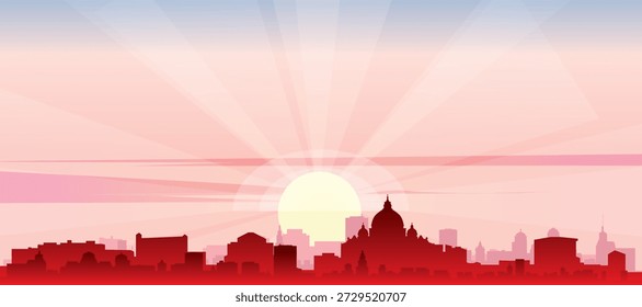 Cartaz panorâmico vermelho do horizonte da cidade com edifícios de fundo nebulosos, nascer do sol, lua e nuvens de ROMA, ITÁLIA