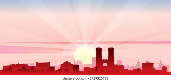 Cartel panorámico rojo del horizonte de la ciudad con edificios de fondo brumoso, salida del sol, luna y nubes de GÉNOVA, ITALIA