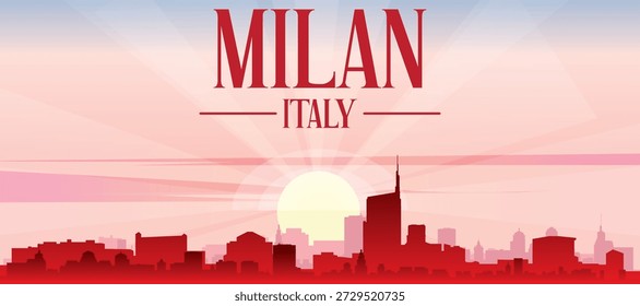 Cartel panorámico rojo del horizonte de la ciudad con edificios de fondo brumoso, salida del sol, luna y nubes de MILÁN, ITALIA