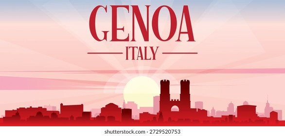 Rotes Panorama-Poster der Skyline der Stadt mit nebeligen Hintergrundgebäuden, Sonnenaufgang, Mond und Wolken von GENOA, ITALIEN