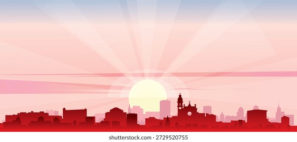 Cartel panorámico rojo del horizonte de la ciudad con edificios de fondo brumoso, salida del sol, luna y nubes de TURÍN, ITALIA