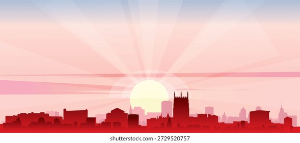 Rotes Panorama-Poster der Skyline der Stadt mit nebeligen Hintergrundgebäuden, Sonnenaufgang, Mond und Wolken von NOTTINHGAM, VEREINIGTES KÖNIGREICH