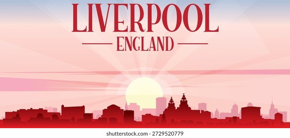 Cartel panorámico rojo del horizonte de la ciudad con edificios de fondo brumoso, salida del sol, luna y nubes de LIVERPOOL, REINO UNIDO