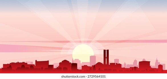 Red panoramic poster of the city skyline with misty background buildings, sunrise, moon and clouds of BRASILIA, BRAZIL
