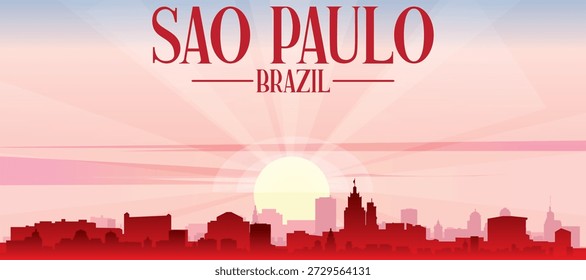 Rotes Panorama-Poster der Skyline der Stadt mit nebeligen Hintergrundgebäuden, Sonnenaufgang, Mond und Wolken von SAO PAULO, BRASILIEN
