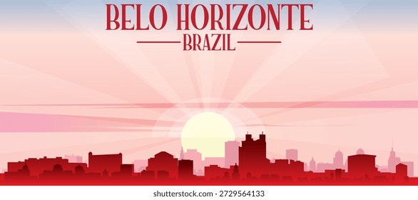Rotes Panoramaplakat der Skyline der Stadt mit nebeligen Gebäuden, Sonnenaufgang, Mond und Wolken von BELO HORIZONTE, BRASILIEN