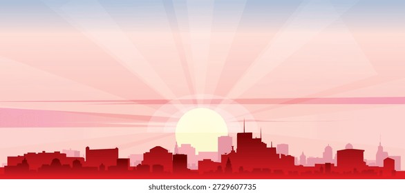Cartaz panorâmico vermelho do horizonte da cidade com edifícios de fundo nebulosos, nascer do sol, lua e nuvens de BUENOS AIRES, ARGENTINA