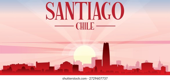 Red panoramic poster of the city skyline with misty background buildings, sunrise, moon and clouds of SANTIAGO, CHILE