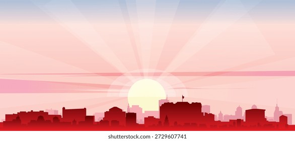 Rotes Panorama-Poster der Skyline der Stadt mit nebeligen Hintergrundgebäuden, Sonnenaufgang, Mond und Wolken von LIMA, PERU