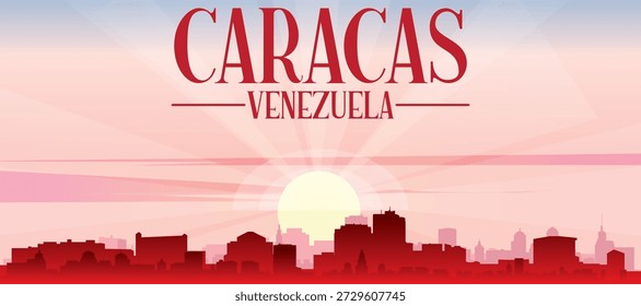 Cartel panorámico rojo del horizonte de la ciudad con edificios de fondo brumoso, amanecer, luna y nubes de CARACAS, VENEZUELA