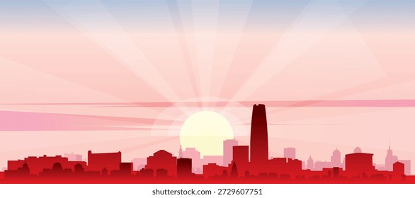 Cartaz panorâmico vermelho do horizonte da cidade com edifícios de fundo nebulosos, nascer do sol, lua e nuvens de SANTIAGO, CHILE