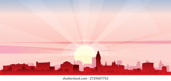 Cartaz panorâmico vermelho do horizonte da cidade com edifícios de fundo nebulosos, nascer do sol, lua e nuvens de QUITO, EQUADOR