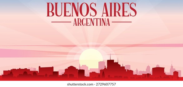 Cartel panorámico rojo del horizonte de la ciudad con edificios de fondo brumoso, amanecer, luna y nubes de BUENOS AIRES, ARGENTINA