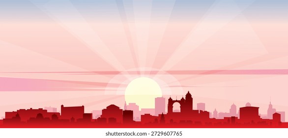Cartel panorámico rojo del horizonte de la ciudad con edificios de fondo brumoso, amanecer, luna y nubes de CÓRDOBA, ARGENTINA