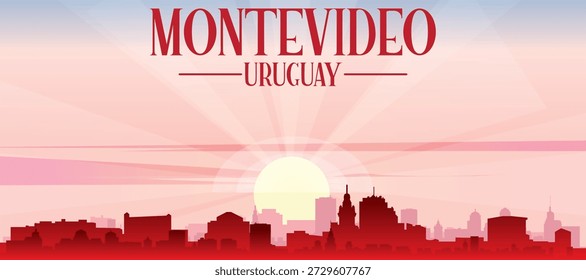 Cartel panorámico rojo del horizonte de la ciudad con edificios de fondo brumoso, amanecer, luna y nubes de MONTEVIDEO, URUGUAY