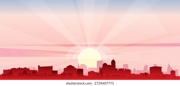 Cartel panorámico rojo del horizonte de la ciudad con edificios de fondo brumoso, amanecer, luna y nubes de AREQUIPA, PERÚ