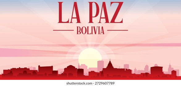 Rotes Panorama-Poster der Skyline der Stadt mit nebeligen Hintergrundgebäuden, Sonnenaufgang, Mond und Wolken von LA PAZ, BOLIVIEN