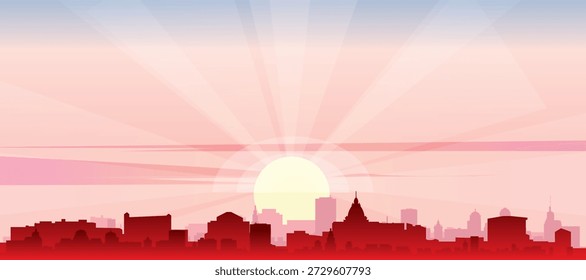 Rotes Panorama-Poster der Skyline der Stadt mit nebeligen Hintergrundgebäuden, Sonnenaufgang, Mond und Wolken von LA PAZ, BOLIVIEN