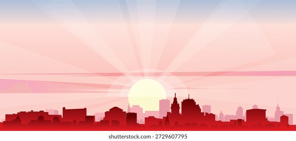 Cartel panorámico rojo del horizonte de la ciudad con edificios de fondo brumoso, amanecer, luna y nubes de MONTEVIDEO, URUGUAY
