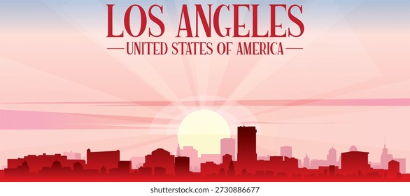 Red panoramic poster of the city skyline with misty background buildings, sunrise, moon and clouds of LOS ANGELES, UNITED STATES