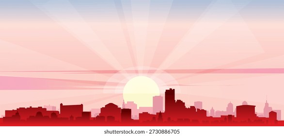 Cartel panorámico rojo del horizonte de la ciudad con edificios de fondo brumoso, salida del sol, luna y nubes de DALLAS, ESTADOS UNIDOS