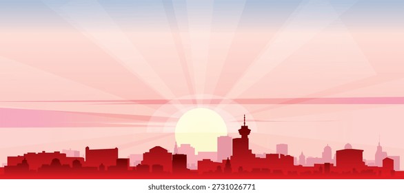 Red panoramic poster of the city skyline with misty background buildings, sunrise, moon and clouds of VANCOUVER, CANADA