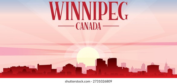 Rotes Panorama-Poster der Skyline der Stadt mit nebeligen Hintergrundgebäuden, Sonnenaufgang, Mond und Wolken von WINNIPEG, KANADA
