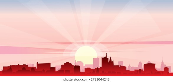 Red panoramic poster of the city skyline with misty background buildings, sunrise, moon and clouds of VIENNA, AUSTRIA