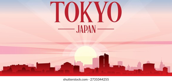 Cartel panorámico rojo del horizonte de la ciudad con edificios de fondo brumoso, salida del sol, luna y nubes de TOKIO, JAPÓN