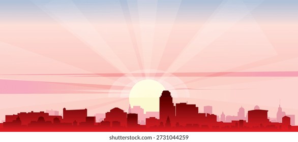 Cartel panorámico rojo del horizonte de la ciudad con edificios de fondo brumoso, amanecer, luna y nubes de TIJUANA, MÉXICO