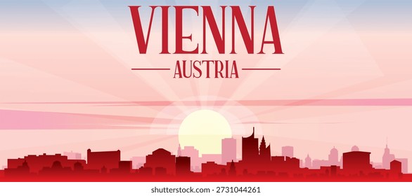 Cartaz panorâmico vermelho do horizonte da cidade com edifícios de fundo nebulosos, nascer do sol, lua e nuvens de VIENA, ÁUSTRIA